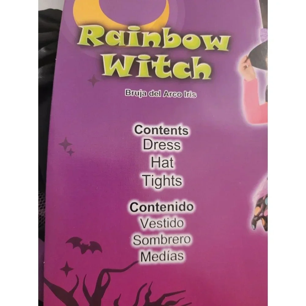 GIRLS 2T 3 PIECE -RAINBOW WITCH HALLOWEEN COSTUME- INCLUDES DRESS HAT TIGHTS NEW